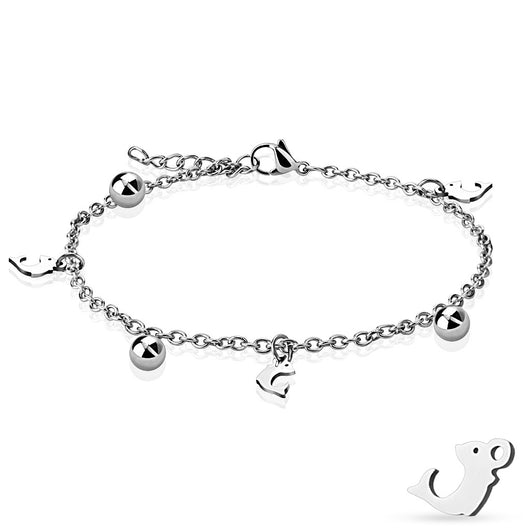 Dolphin and Ball Dangling Charm 316L Stainless Steel Chain Anklet / Bracelet