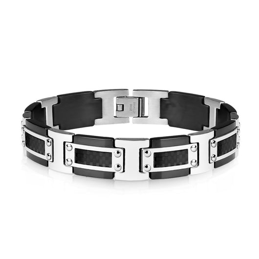 Black IP and Steel Two Tone Bracelet with Black Carbon Fiber Inlay