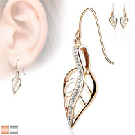 Pair of CZ Lined Leaf Stainless Steel Hook Earring Studs