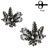 Pair Of Pot Leaf Black CZ Stud Earring