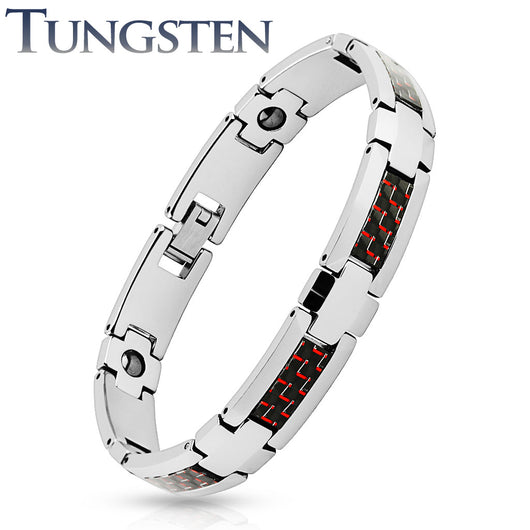 Red & Black Carbon Fiber Strips Tungsten Carbide Link Bracelets