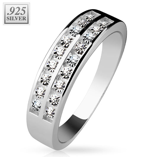 Double Channel CZ .925 Sterling Silver Ring Authentic Rodium Finish