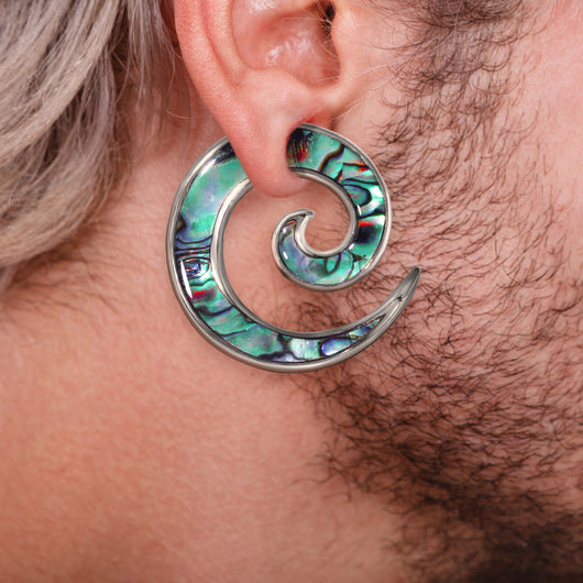Pair Of 0G Abalone Inlaid 316L Stainless Steel Spiral Ear Tapers
