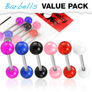 Value Pack 6 Pcs Surgical Steel Barbells Tongue Rings Acrylic Balls