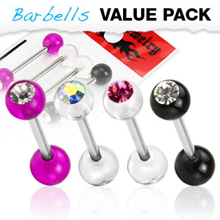 Value Pack 4 Pcs Surgical Steel Barbell Tongue Rings with CZ Balls