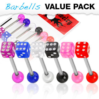 Value Pack 6 Pcs Surgical Steel Tongue Rings with Acrylic Dice