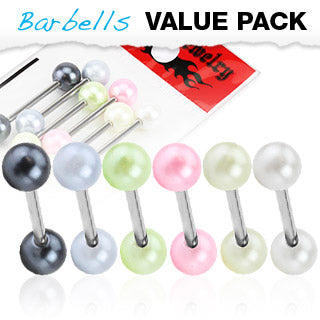 Value Pack 6 Pcs Surgical Steel Tongue Rings with Faux Pearl Balls