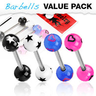 Value Pack 4 Pcs Surgical Steel Tongue Rings Stars Hearts Balls