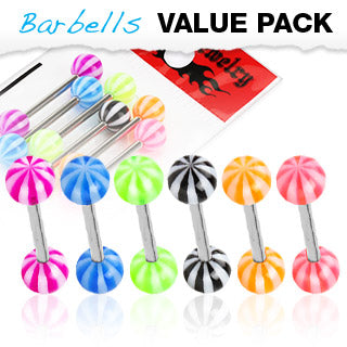 Value Pack 6 Pcs Surgical Steel Tongue Rings Candy Stripes Balls