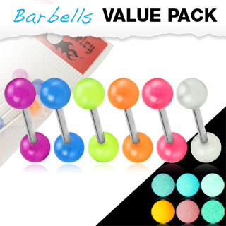 Value Pack 6 Pcs Tongue Rings with Glow In The Dark Balls