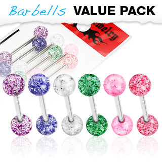 Value Pack 6 Pcs Surgical Steel Tongue Rings Glitter Balls