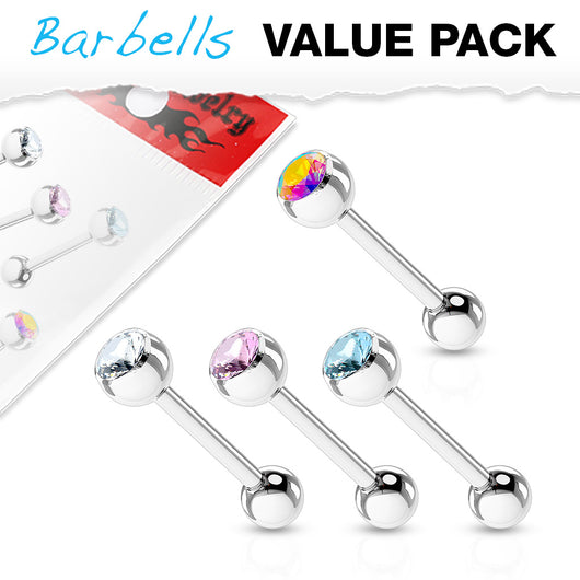 Value Pack 4 Pcs Surgical Steel Barbell Tongue Rings with CZ Balls