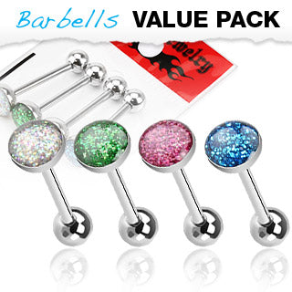 Value Pack 4 Pcs Surgical Steel Barbell Tongue Rings Glitter Top
