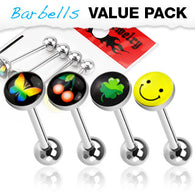 Value Pack 4 Pcs Surgical Steel Barbell Tongue Rings with Logo Balls