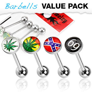Value Pack 4 Pcs Surgical Steel Barbell Tongue Rings with Logo Balls