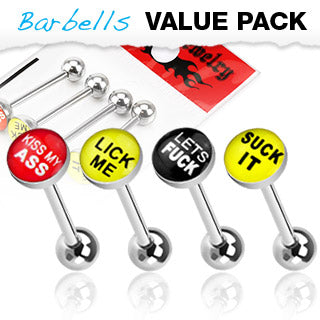 Value Pack 4 Pcs Surgical Steel Barbell Tongue Rings with Logo Balls