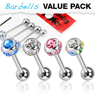 Value Pack 4 Pcs Surgical Steel Barbell Tongue Rings Multi CZ Balls
