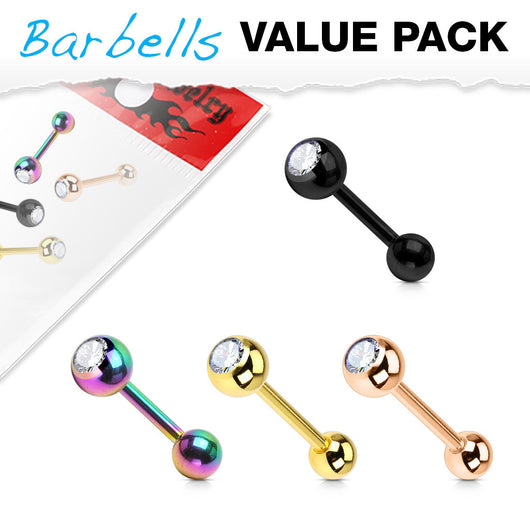 Value Pack 4 Pcs CZ Ball Top Surgical Steel Barbell Tongue Rings
