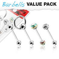 Pack Of 4 Pcs Assorted CZ Surgical Steel Barbell Tongue Rings