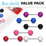 Value Pack 6 Pcs Plain UV Acrylic Ball Surgical Steel Barbell Tongue Rings