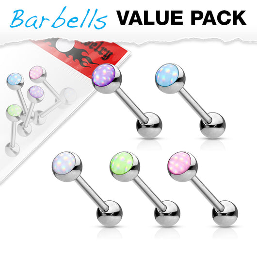 5 Pcs Value Pack Illuminating Stone Surgical Steel Barbell Tongue Rings
