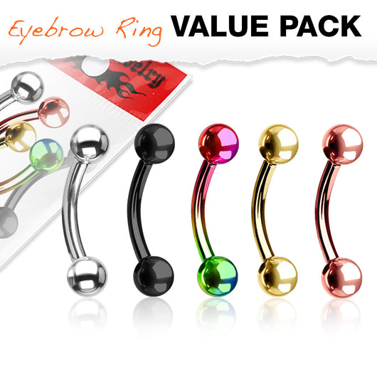 IP Plated Surgical Steel Eyebrow Curve Ring Pack