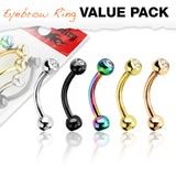 Titanium IP CZ Balls Surgical Steel Eyebrow Curve Ring Pack