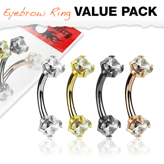 CZ Internal Threaded Surgical Steel Eyebrow Curve Ring Pack
