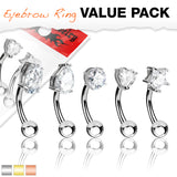5 Pc Assorted CZ Shape Rose Gold Surgical Steel Eyebrow Curve Ring Pack