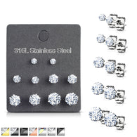 5 Pairs Of Mixed Size Prong Set CZ Stainless Steel Stud Earrings Pack