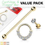 3 Pc  Value Pack Industrial Barbell CZ Studs CZ Hoop Ear Cartilage Tragus Helix