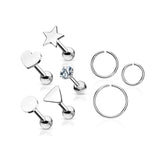 8 Pc Value Pack CZ Studs and Hoop For Lip Labret Ear Cartilage