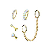 5 Pc Value Pack CZ Lip Labret Opal Ear Cartilage and Hoop Chain Studs