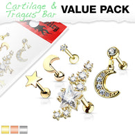 5 Pc Mix Value Pack Star Moon CZ Ear Cartilage Tragus Triple Helix Barbell Studs