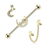 3 Pc Value Pack Star Moon  CZ Industrial Barbell Ear Cartilage Tragus  Helix Barbell Studs