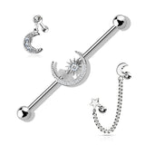 3 Pc Value Pack Star Moon  CZ Industrial Barbell Ear Cartilage Tragus  Helix Barbell Studs