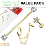 3 Pc  Value Pack Prong Set CZ Industrial Barbell Ear Cartilage Tragus  Helix Barbell Studs