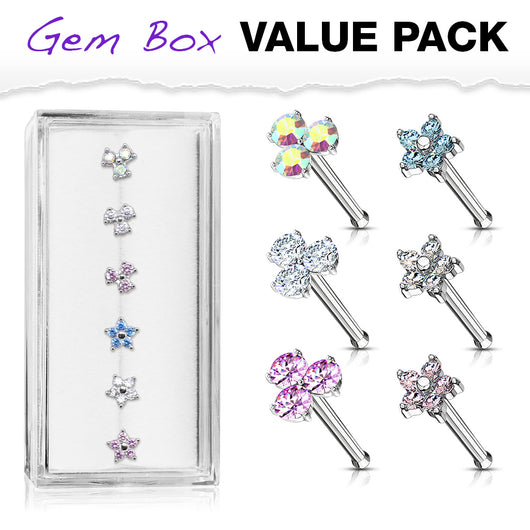 6 Pc Package 20G 3 Round CZ And Five CZ Flower Surgical Steel  Nose Stud Rings