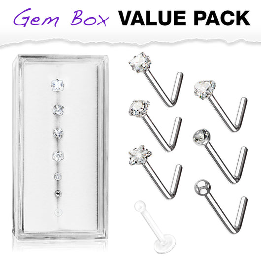 7 Pc 20G CZ Surgical Steel Retainer L Bend Nose Stud Rings Box