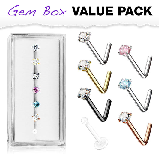 7 Pc 20G Prong Set CZ Surgical Steel Retainer L Bend Nose Stud Rings Box