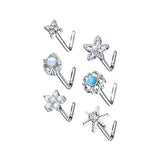 6 Pc 20G Assorted Opal CZ Surgical Steel L Bend Nose Stud Rings Box