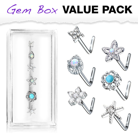 6 Pc 20G Assorted Opal CZ Surgical Steel L Bend Nose Stud Rings Box