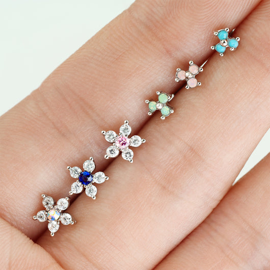 6 Pc 20G Opal CZ Flower Surgical Steel L Bend Nose Stud Rings Box