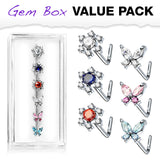6 Pc 20G CZ Flower Butterfly Surgical Steel L Bend Nose Stud Rings Box