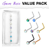7 Pc Box 20G Opal Set Surgical Steel L Bend Nose Stud Rings