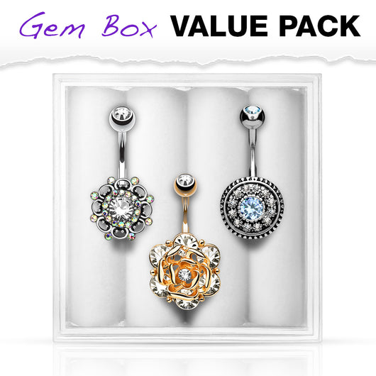 3 Pc Box Package Assort CZ Navel Belly Button Rings