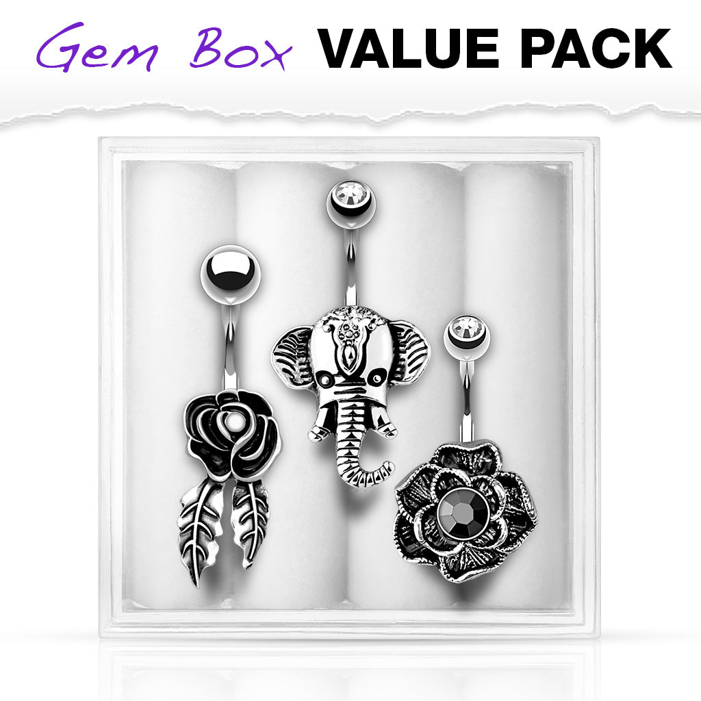 3 Pc Box Package Assorted Design Navel Belly Button Rings ...