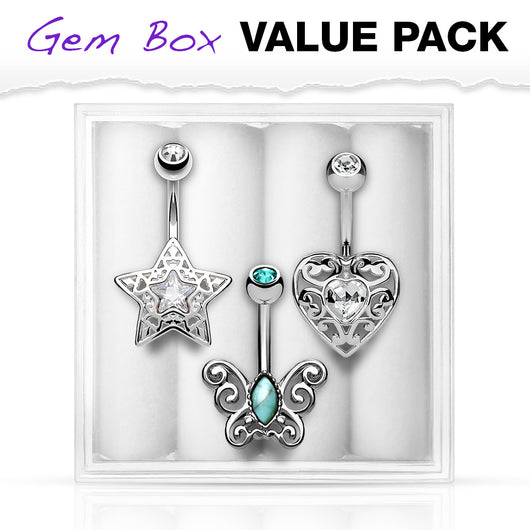 3 Pc Box Package Heart Star Butterfly Navel Belly Button Rings