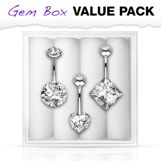 3 Pc Box Package CZ Navel Belly Button Ring