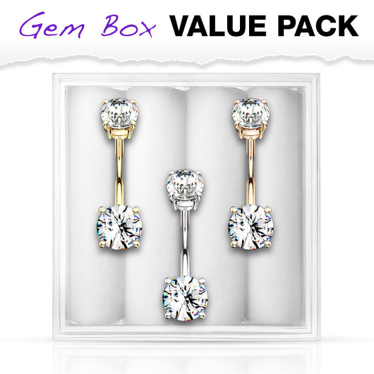 3 Pc Box Package 14K Gold Plated CZ Navel Belly Button Ring